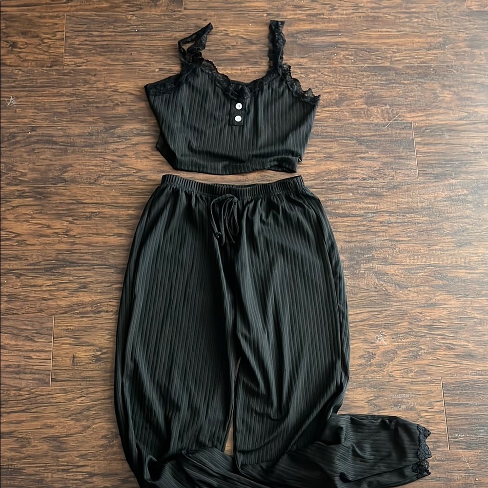 Black Lace Trim Two-Piece Set